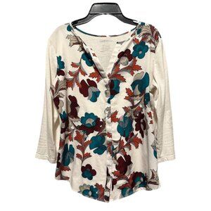 Van Heusen Floral Print Cream Burgundy Orange Teal Button Up Office Women's XS